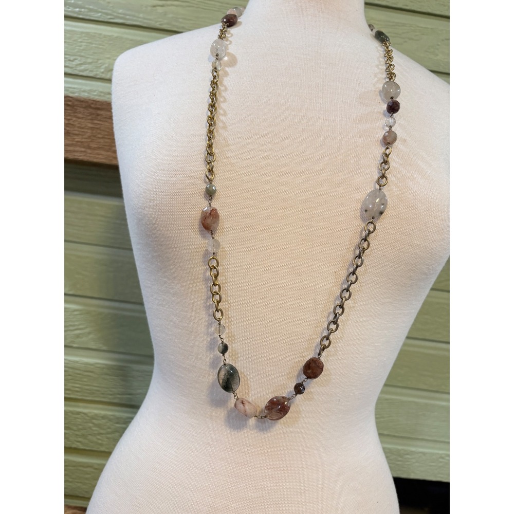 Long Semi Precious Gemstone Station‎ Necklace Rutilated Quartz Jasper Brass Tone